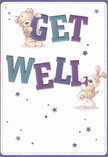 Radiating warmth and a playful spirit, this charming get well card features two adorable companions-a smiling teddy bear and an exuberant puppy-balancing vivid, oversized letters to spell out 'Get Well.' The bear's soft golden-brown fur and the puppy's floppy, inviting ears seem almost tangible, rendered in hues that invite a comforting touch much like the plush bouquets offered by Hook's local florists. Indigo and teal shades enliven the bold lettering, standing out brightly against a gentle cream-white background, their vibrancy echoing the fresh colours of Hook's seasonal flower stalls. Scattered among the figures, illustrated stars in varying purples and blues twinkle with promise, creating an atmosphere filled with optimism, hope, and gentle encouragement-qualities often fostered by the caring community spirit of Hook. Each detail feels intentional, from the expressive faces down to the subtle brushstrokes that evoke softness and security. It's easy to imagine the card being paired with fragrant blooms or sent as a heartfelt standalone gesture, bringing comfort to someone on the mend in Hook or its surroundings. The tone is light, sincere, and radiates heartfelt kindness, making this card a thoughtful choice for sharing a genuine get well message, perfectly complemented by local delivery from Hook Florist.