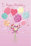 On a soft pink canvas reminiscent of a calm evening sky over Hook, a whimsical birthday celebration unfolds with pastel balloons and a dainty bouquet working together as one joyful image. The balloons float upward with an easy, buoyant energy, each offering its own charm: some curve with candy-coloured stripes, others are sprinkled with playful polka dots, and at the centre a slightly more prominent, heart-like shape radiates quiet affection. Their colours-creamy blush, seafoam, mellow yellow, and gentle lavender-softly glow as if lit from within, much like light filtering through shopfront windows on Hook's High Street at dusk. Beneath this airy cluster, a compact bouquet gathers lovingly at the base. It is filled with delicate roses and anemone-like blossoms in ivory, blush pink, and muted mauve, their feathery petals overlapping in layers that suggest real, freshly cut blooms. The stems come together in a tidy, violet satin bow that shines just enough to catch the eye, echoing the careful finishing touches a local florist might add before a same-day birthday delivery around the village. Tiny star motifs and the suggestion of fluttering butterflies drift around the composition, adding a fairy-tale quality without overwhelming the scene. Everything feels light, sweet, and perfectly festive-as though this card is capturing that bright moment when someone opens the door to find birthday flowers waiting. The artwork balances playfulness with tenderness, turning the simple imagery of balloons and blossoms into a memory-in-the-making for a special celebration in Hook.
