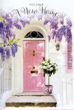 This evocative entranceway feels like a love letter to new beginnings in Hook, captured in soft pastels and fragrant blooms. A pale pink front door, calm and inviting, sits within sunlit whitewashed walls, its colour mirrored by a slightly open shutter that suggests life unfolding just inside. Overhead, generous swags of wisteria spill down in cascading clusters of lavender, mauve, and dusky lilac, their blossoms draping like a floral curtain across the top of the scene. The vines twist and weave around the façade, adding texture and a slightly whimsical, cottage-like charm that suits Hook's quieter streets. Light filters through the leaves and flowers, creating scattered, painterly shadows on the stone steps that lead up to the doorway. At the base of the door, resting right at the threshold, a metal bucket holds a lavish arrangement of white and creamy roses, their petals soft and abundant, cupped around each other in layers. Pockets of fresh greenery nestle between the blooms, bringing a garden-like freshness to the composition. A delicate pink ribbon is tied around the bucket, its gentle blush tone harmonising perfectly with the door and shutter. The bouquet feels purposefully placed, as though a loved one or a local Hook florist has delivered it just in time to greet the new homeowners after a long day of unpacking. The atmosphere is tender and uplifting, touched with the sweetness of wisteria and the classic scent of roses, evoking a sense of warm welcome, optimism, and the quiet joy of finally arriving home.